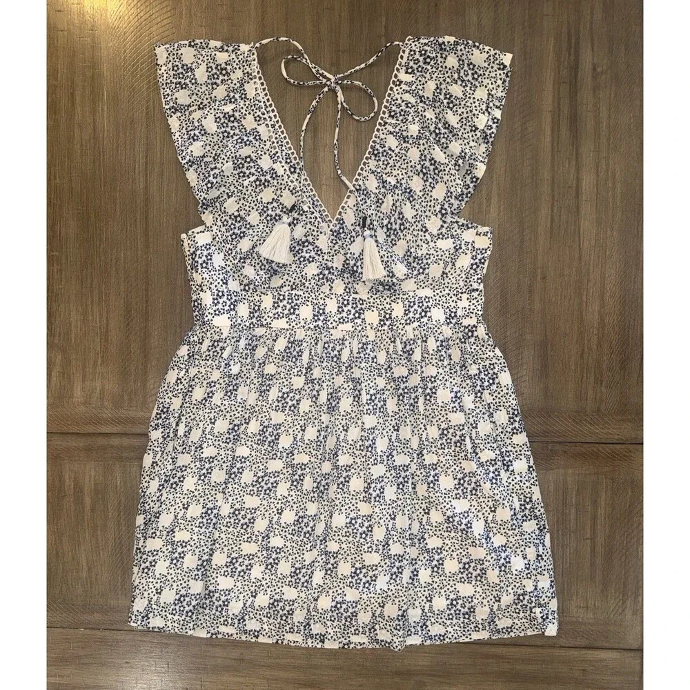 Anthropologie V-Neck Plunge Tunic Mini Blue White Floral Dress Size Medium $148